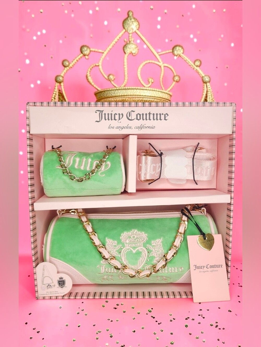 Juicy Couture "Her Majesty" Heritage Barrel Bag Set In Retro/Mint Green Velour